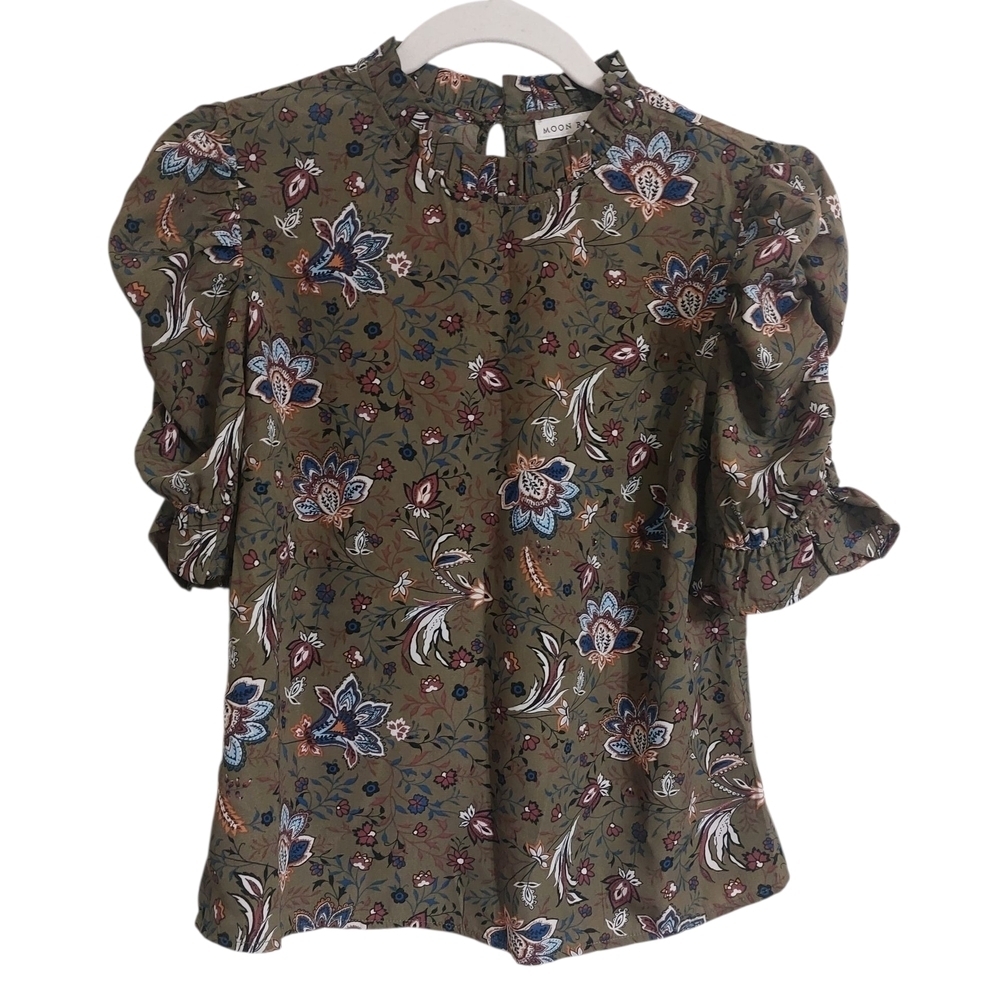 Moon River Green Floral Ruffle Blouse